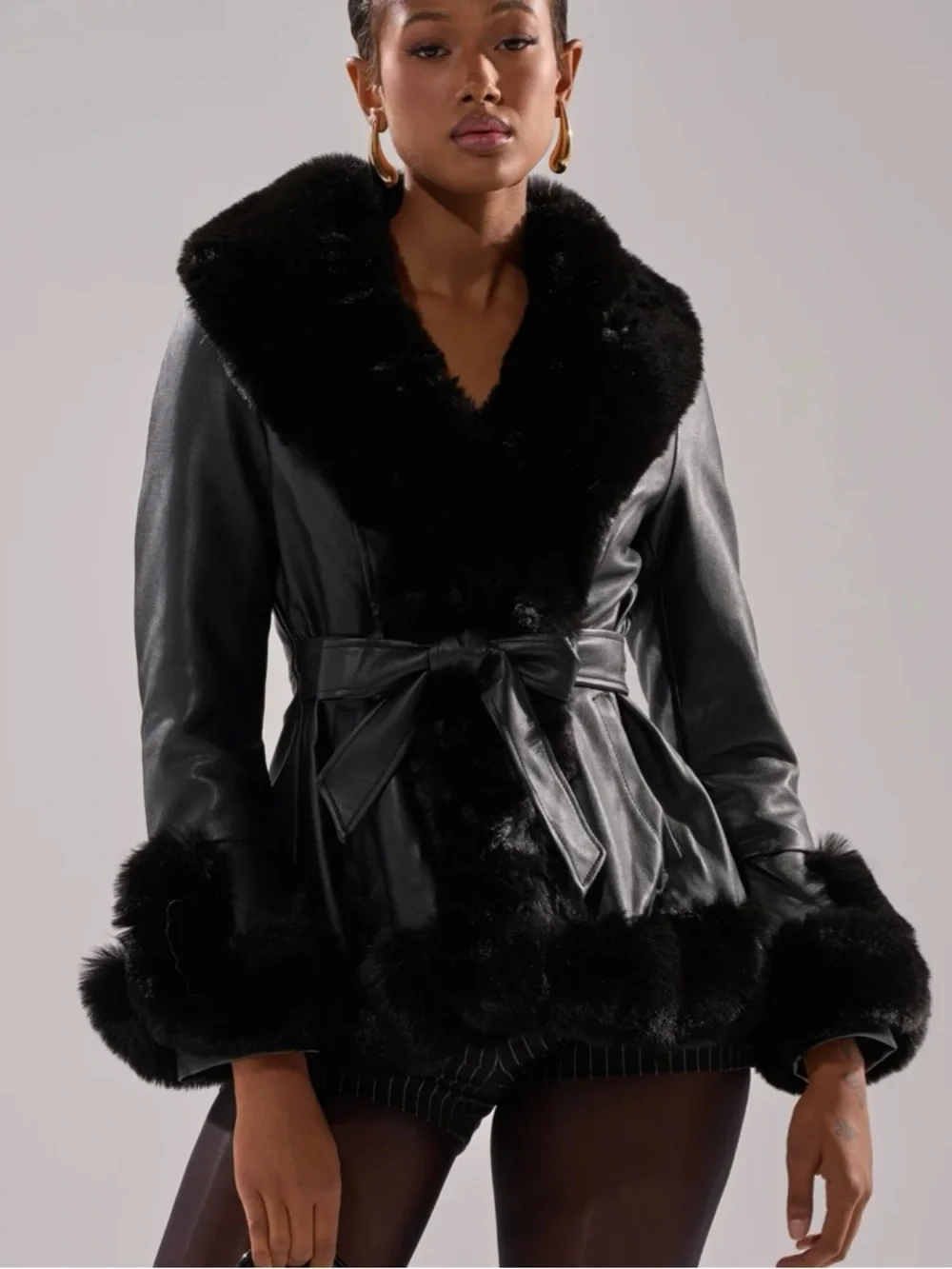Black Faux-Fur Trim Leather-Effect Belted Jacket - Picture 1 of 4
